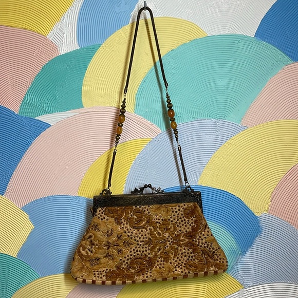 Hand made in India Purse velvet embroidered glass beads sequins Victorian brass - Picture 1 of 10